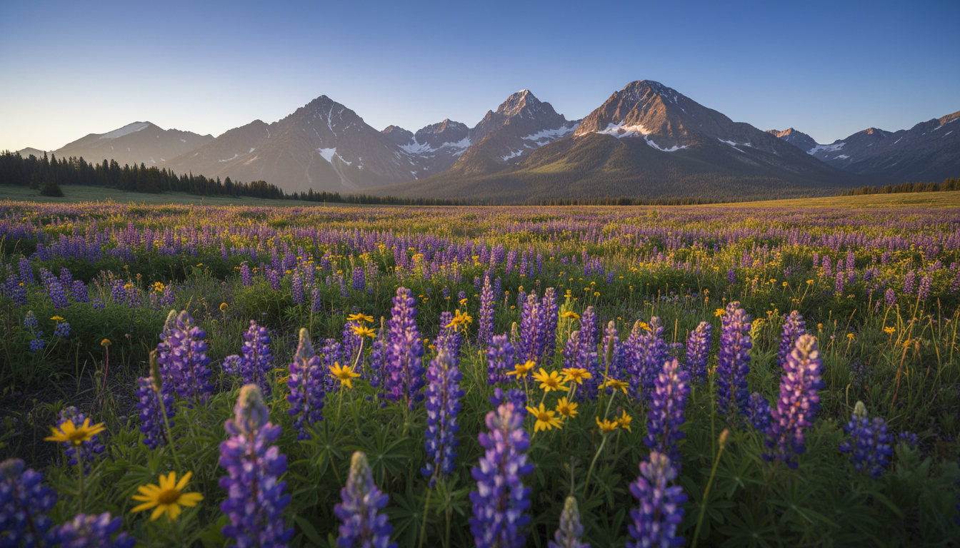 A serene mountain meadow filled with wildflowers