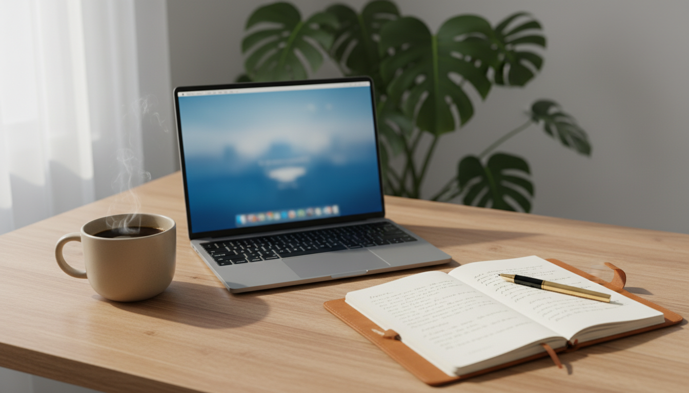 A clean, modern desk setup with a laptop showing a serene nature image
