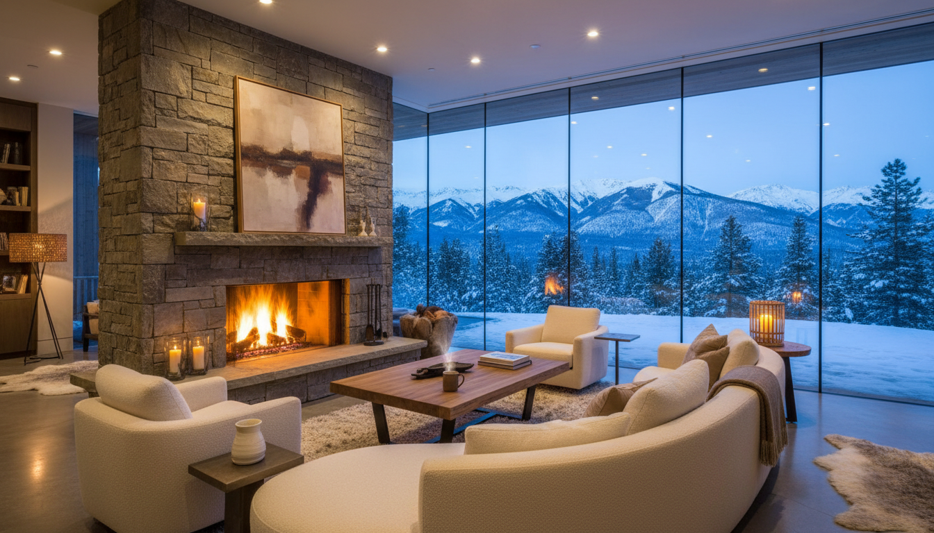 Luxurious living room interior with roaring fire