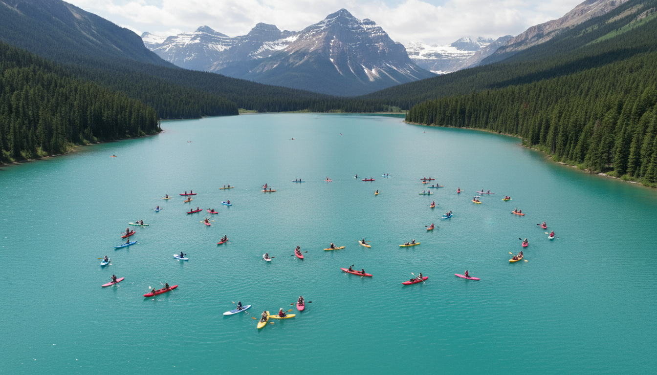 Dynamic aerial view of kayaking on a vivid mountain lake