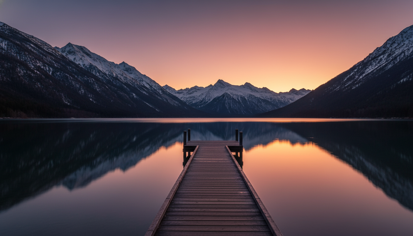 A pristine mountain lake at dusk reflecting snow-capped peaks