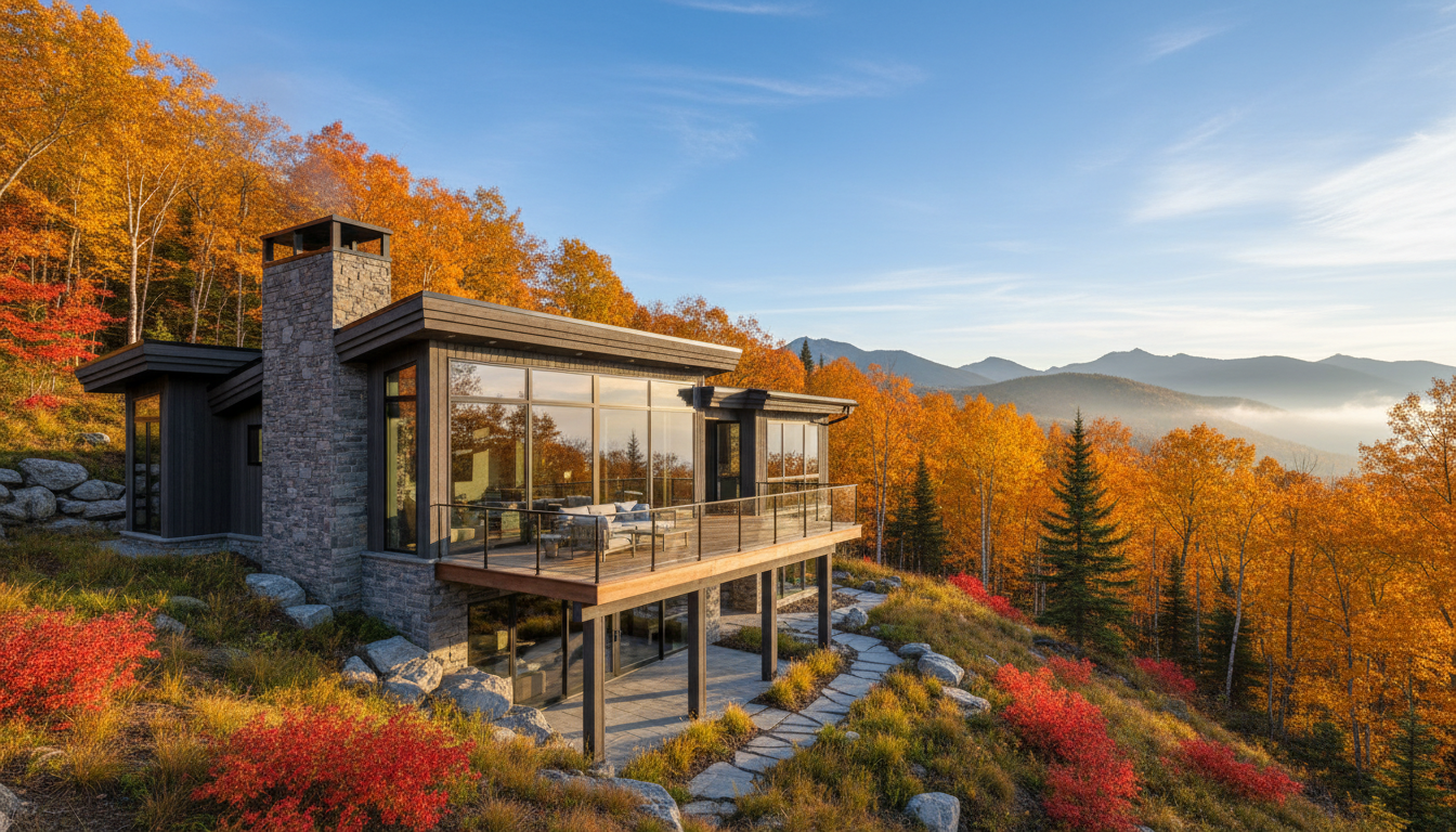 Stunning modern luxury cabin nestled perfectly into a vibrant mountain landscape